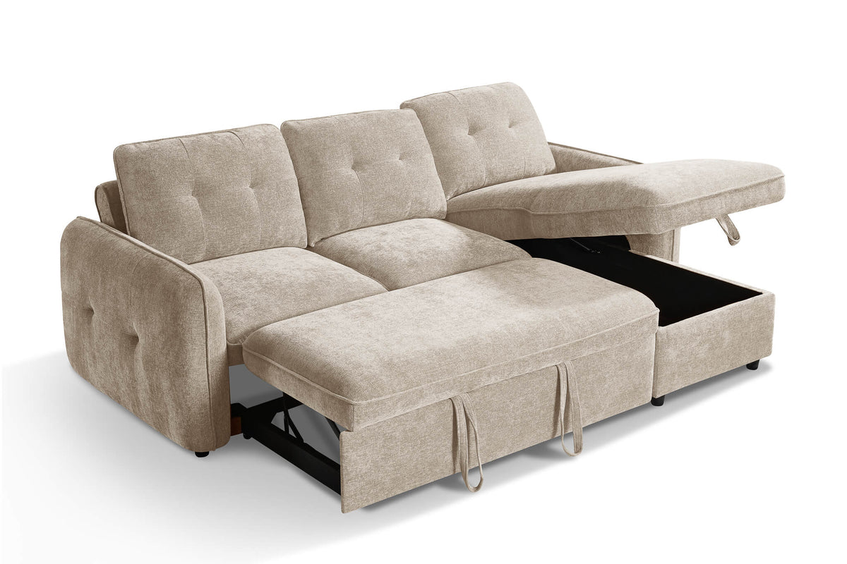 Beige corner sofa bed with tufted seat cushions, open pull-out bed base and side arms