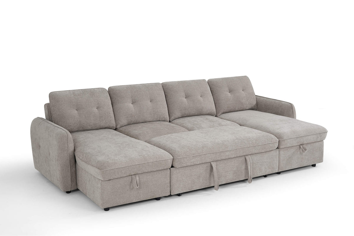 Light beige U-shape corner sofa bed with tufted back cushions and pull-out mattress sections