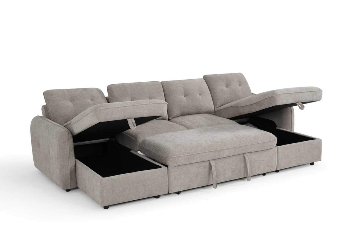 U-shape corner sofa bed shown open with storage compartments and pull-out seat platform