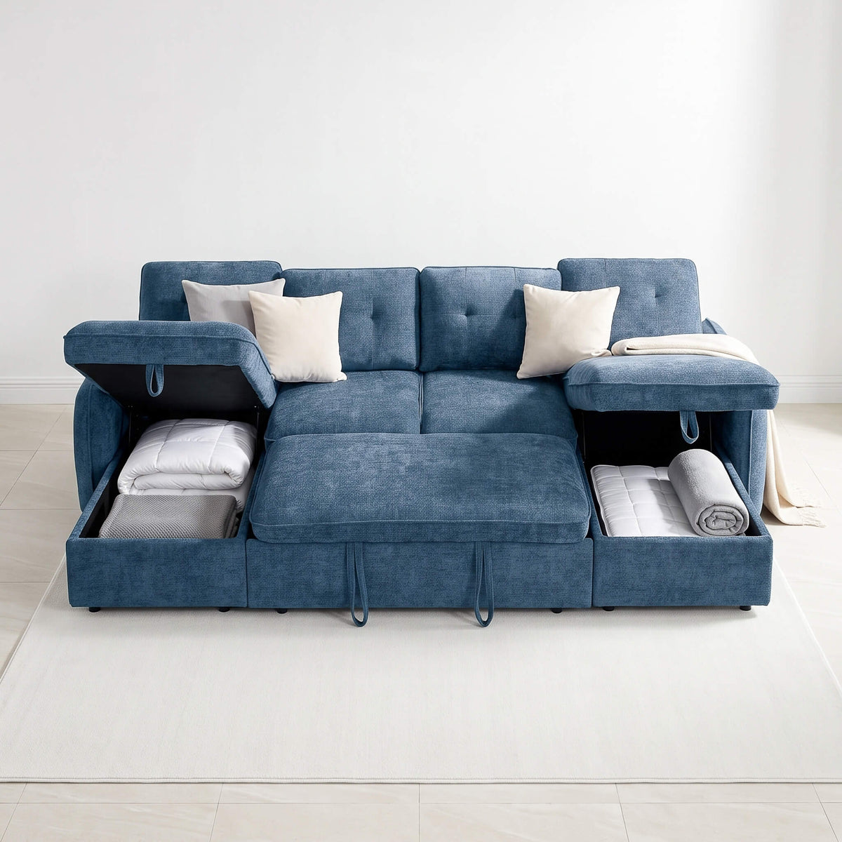 Blue U-shape corner sofa bed with two throw pillows and open storage compartments