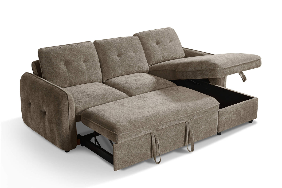 Corner sofa bed opened into a twin-seat layout with taupe cushions and dark side panels