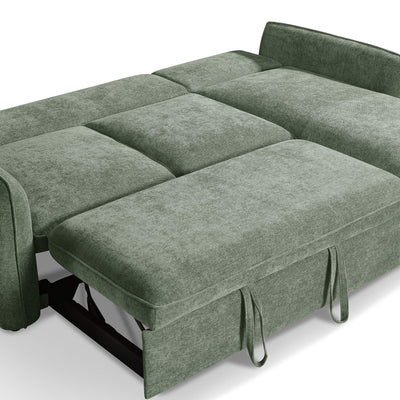 Green corner sofa bed with extended chaise bed and draped fabric ties at front