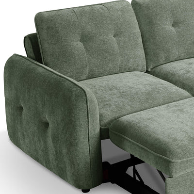 Green sofa bed angled view with thick armrests, tufted seat cushions, and pull-out base