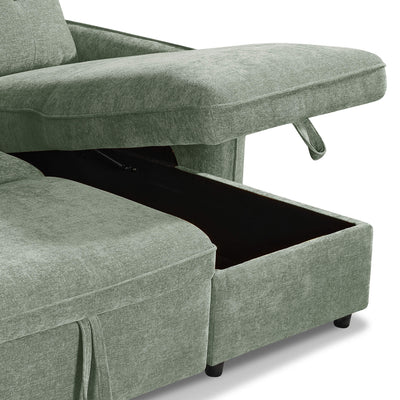Green upholstered sofa bed showing open base with pull-out mattress support