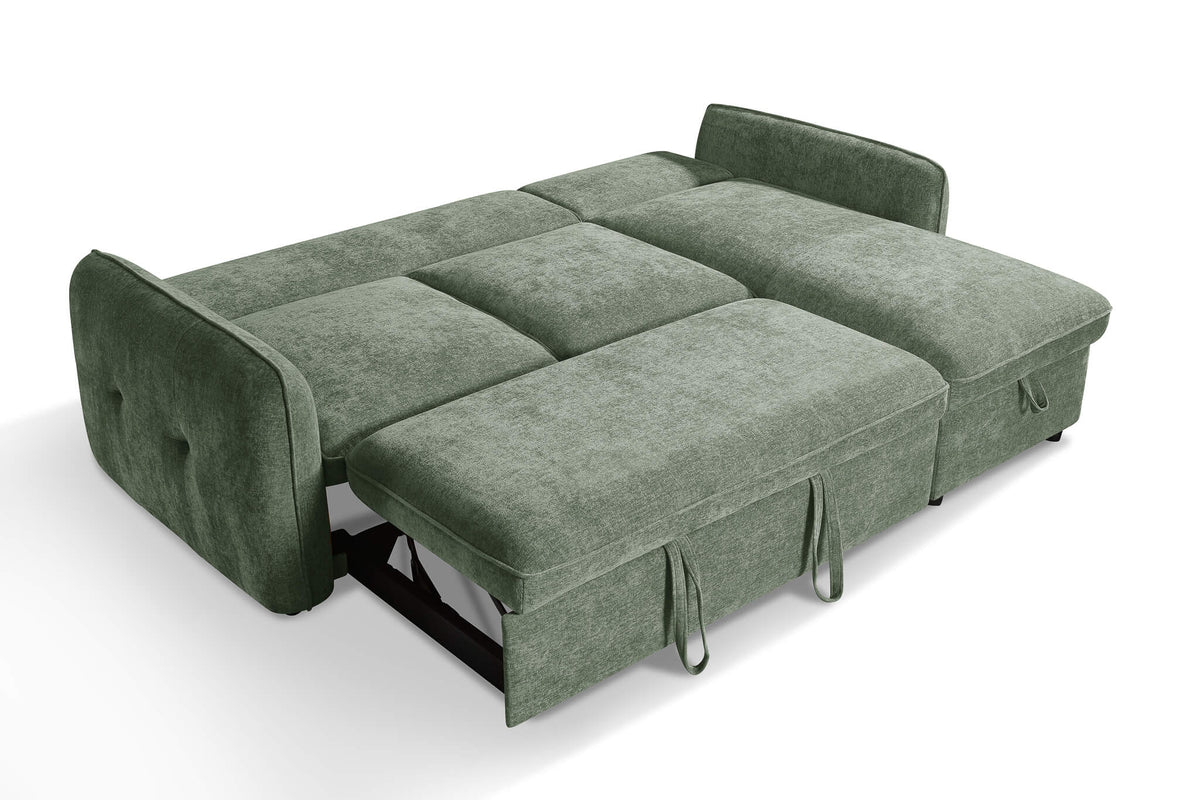 Green fabric corner sofa bed with detachable pillows and pull-out chaise section