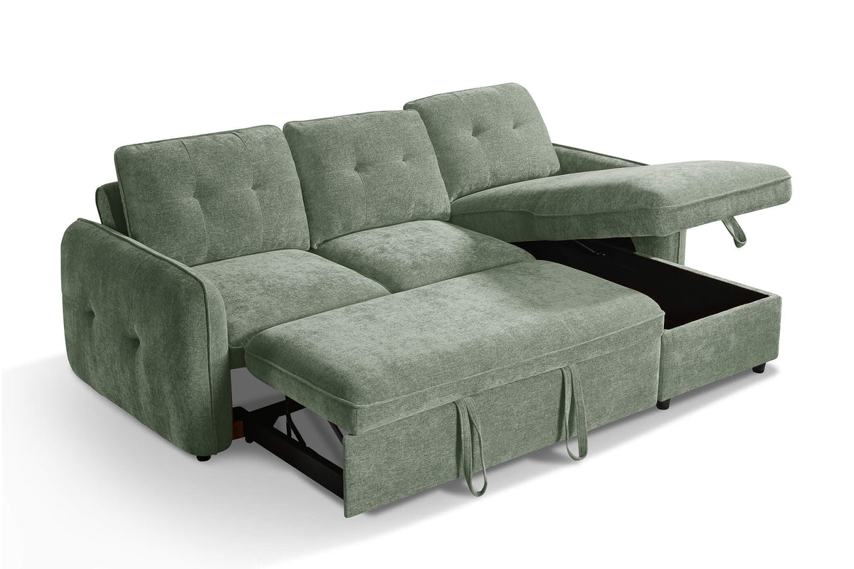 Green fabric sofa bed with open chaise platform, front bed cushions and hanging ties
