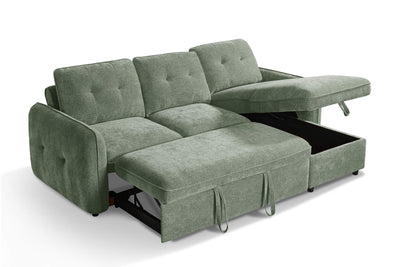 Green fabric sofa bed with open chaise platform, front bed cushions and hanging ties
