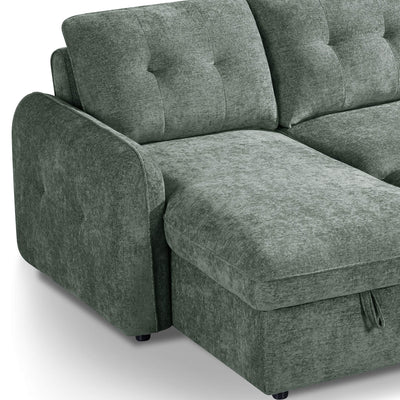 Green sofa bed with chaise seat and tufted back cushions, upholstered arms
