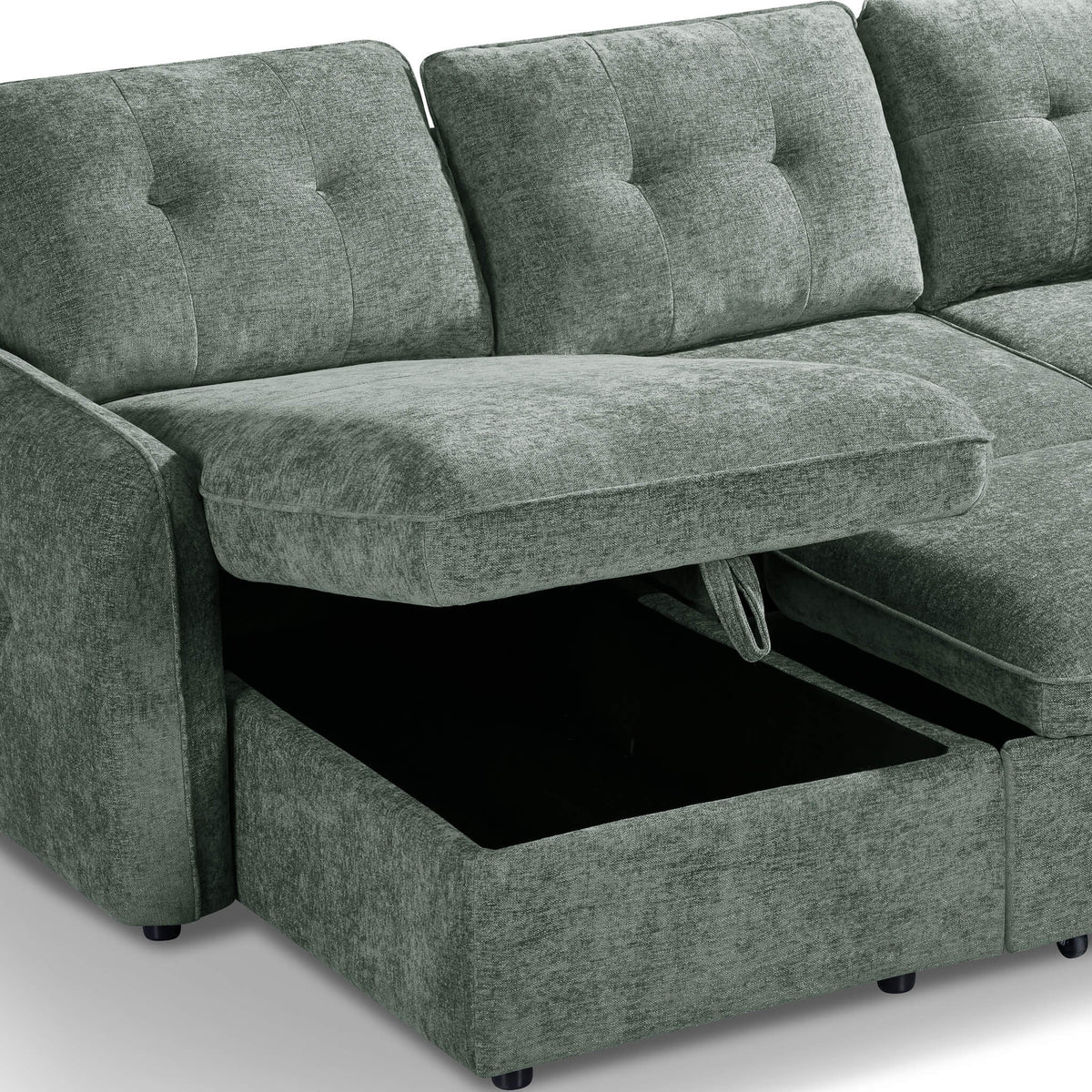 Green sofa bed with open storage bed base under seat, tufted back cushions