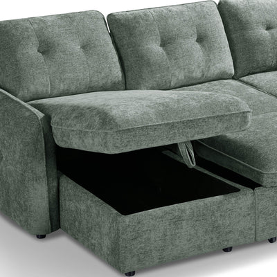 Green sofa bed with open storage bed base under seat, tufted back cushions