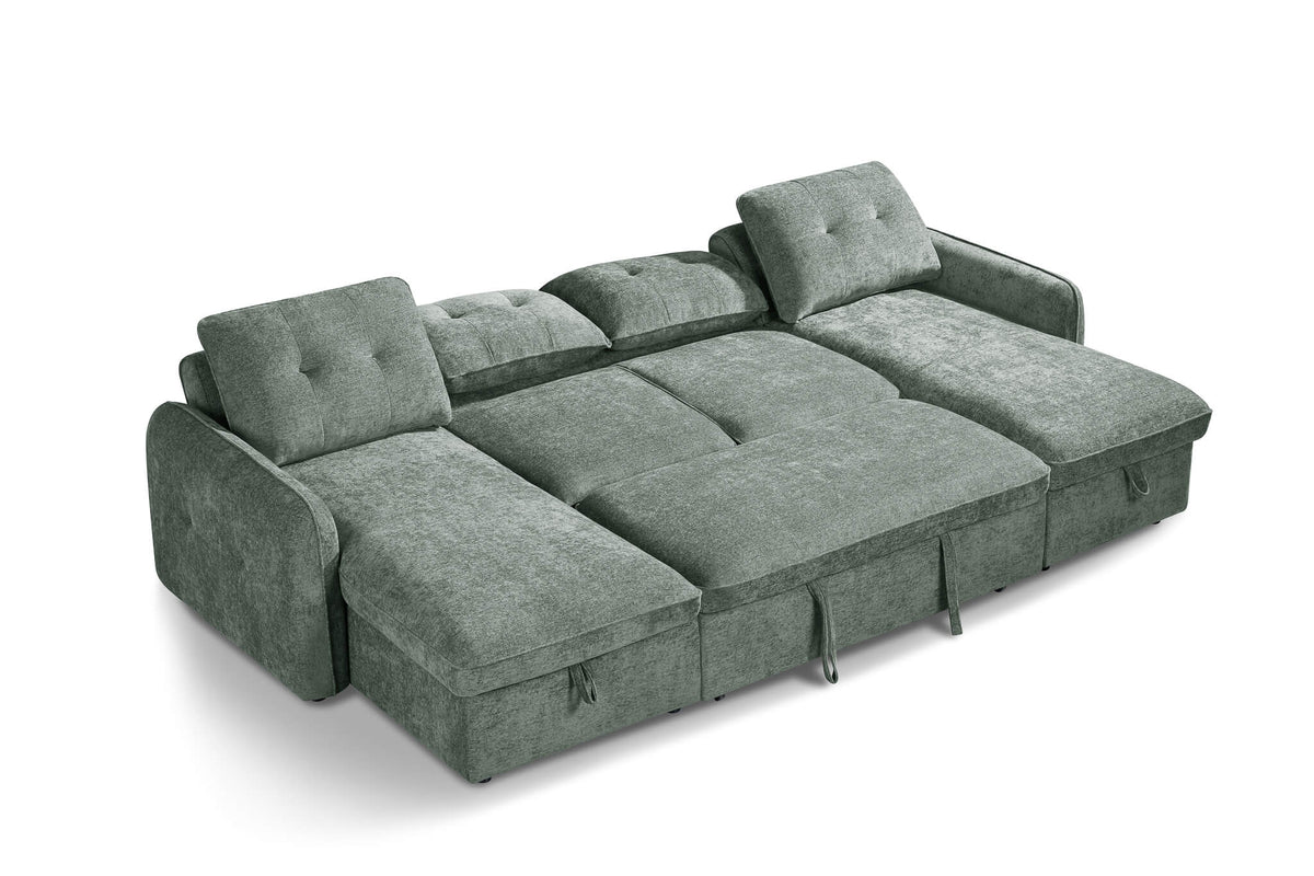 Green U-shaped corner sofa bed with tufted back cushions and three seat sections
