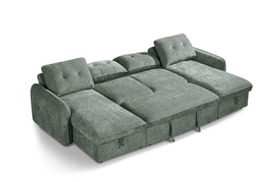 Green U-shaped corner sofa bed with tufted back cushions and three seat sections