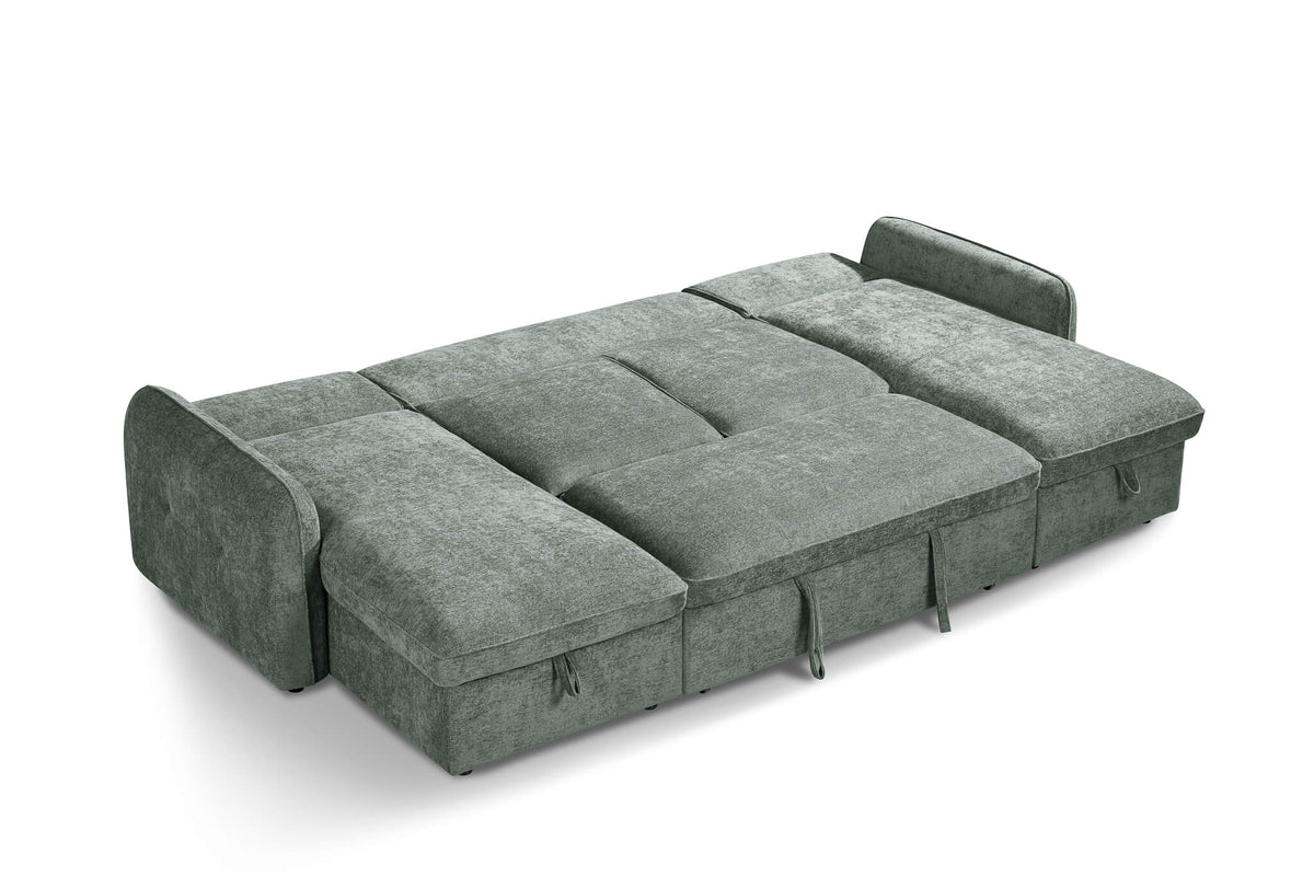 Green U-shaped corner sofa bed with extended seating and stacked back cushions