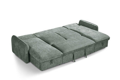 Green U-shaped corner sofa bed with extended seating and stacked back cushions