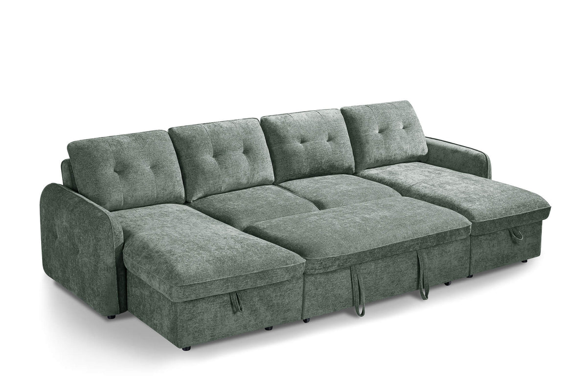 Green U-shaped corner sofa bed with extended chaise and tufted back cushions