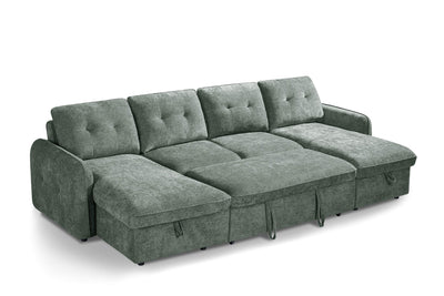 Green U-shaped corner sofa bed with extended chaise and tufted back cushions