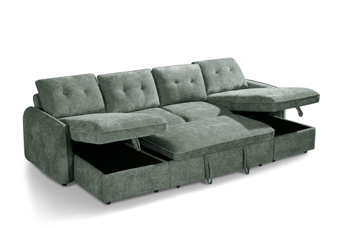 Green U-shaped corner sofa bed with pull-out base open for sleeping, tufted cushions