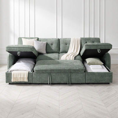 Green sofa bed with U-shaped design, tufted cushions, and visible throw pillows