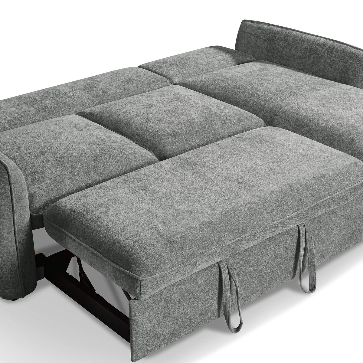 Grey sofa bed with large seat cushions and exposed pull-out bed base with straps