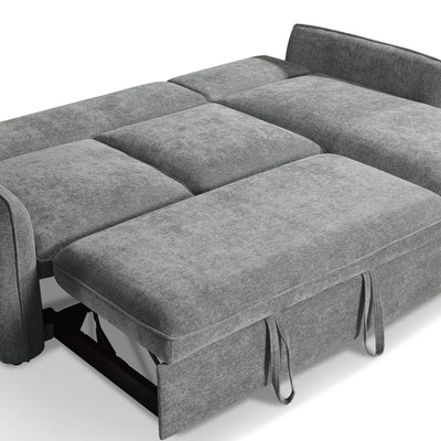 Grey sofa bed with large seat cushions and exposed pull-out bed base with straps