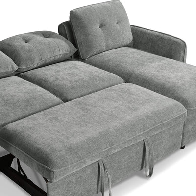 Grey corner sofa bed with headrest cushion and extended seating with fringed strap ties