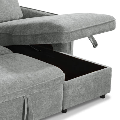 Grey corner sofa bed side view with open storage bed base and hanging strap tabs
