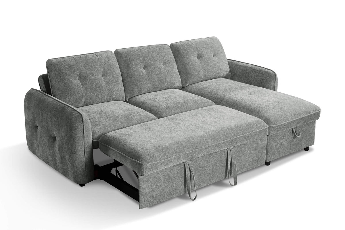 Grey corner sofa bed with button-tufted cushions and partially extended bed section