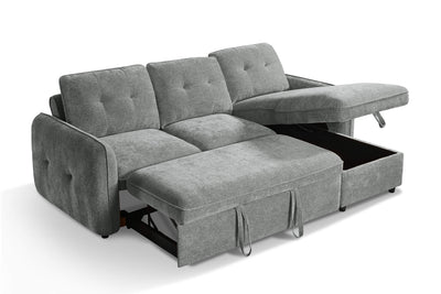 Grey corner sofa bed with tufted back cushions and pull-out seat for sleeping