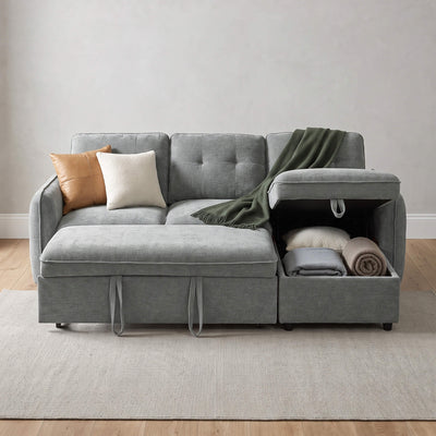 Grey corner sofa bed with tufted cushions, reversible arm, and open storage compartment