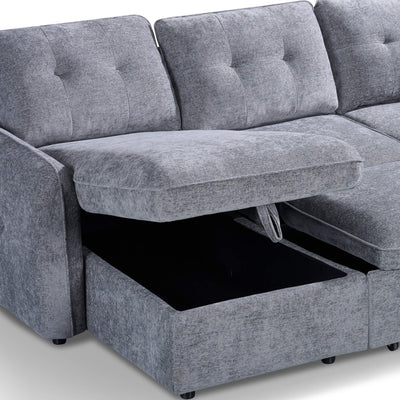 Grey corner sofa bed showing open storage compartment beneath pull-out seat