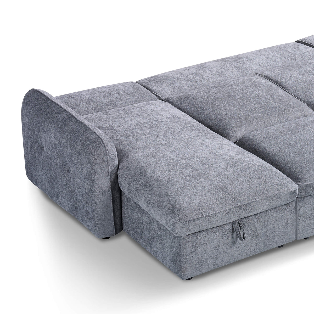 Grey sofa bed chaise with padded seat segments and skirted base on short legs