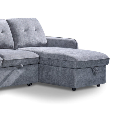 Grey chaise section of U-shape sofa bed with tufted back and side armrest