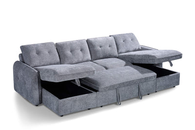 Grey corner sofa bed with bed frame extended and cushions folded back