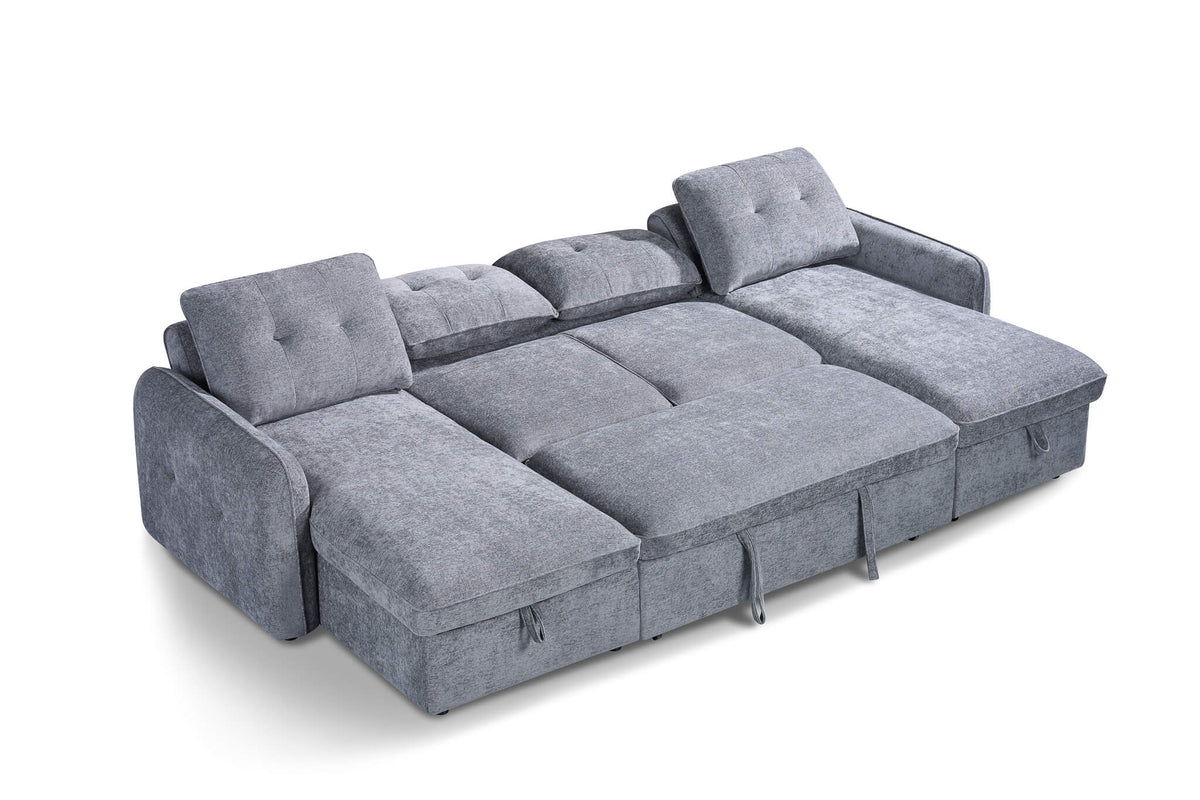 Grey U-shape sofa bed in seating and pull-out bed setup, tufted cushions