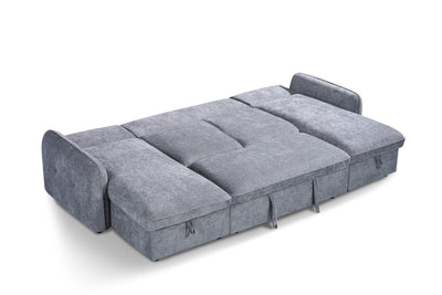 Grey corner sofa bed with pull-out mattress and three large seat sections