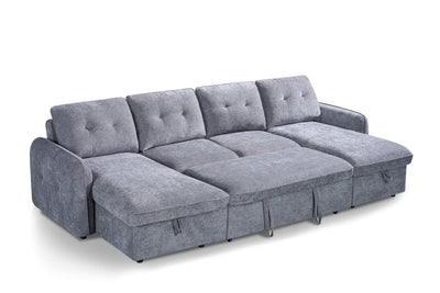 Grey U-shape corner sofa bed with tufted seat and back cushions, openable panels
