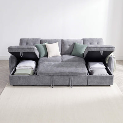 Grey sofa bed with removable-style cushions and light pillows in U-corner layout