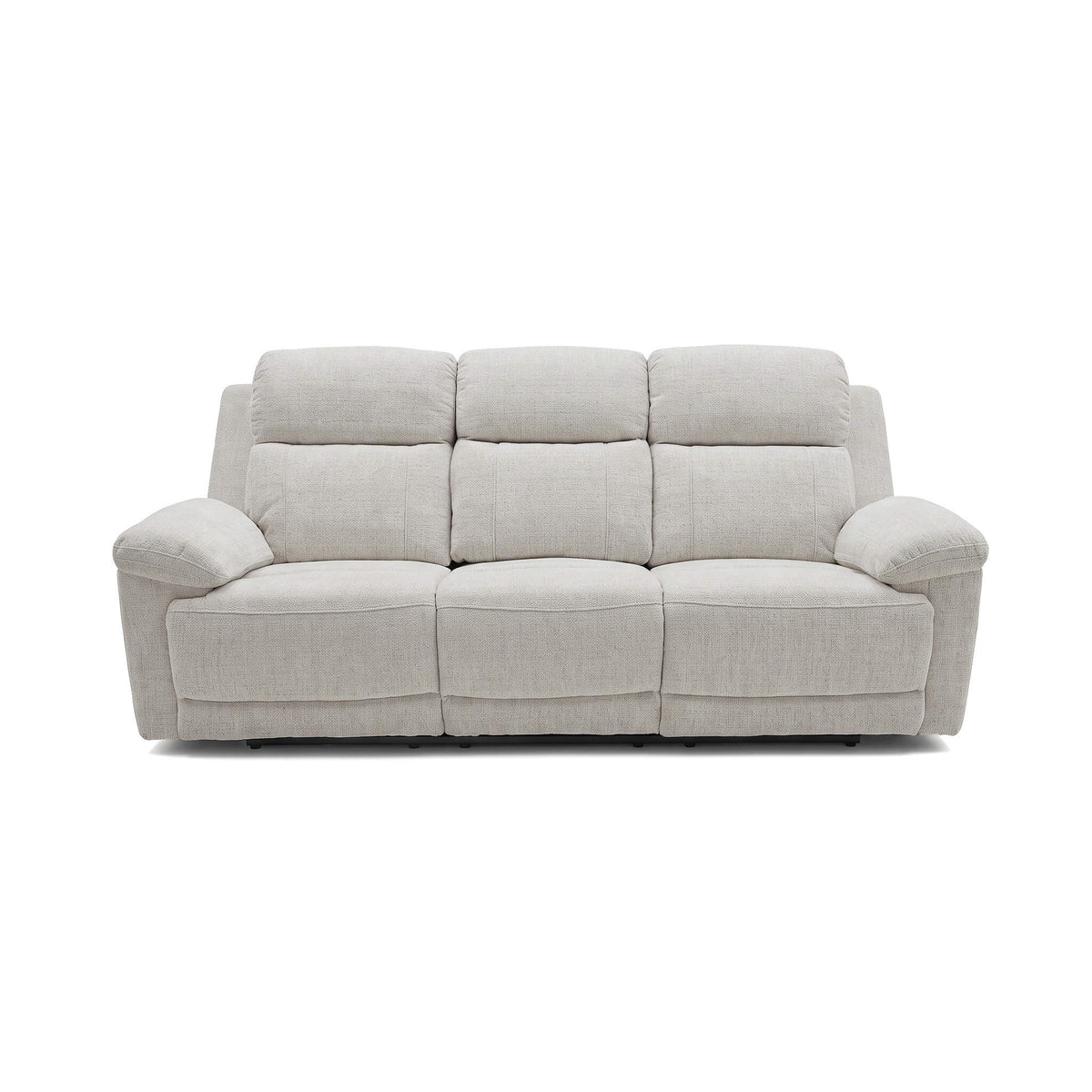 Beige 3-seater power recliner sofa with three seat backs and padded arms