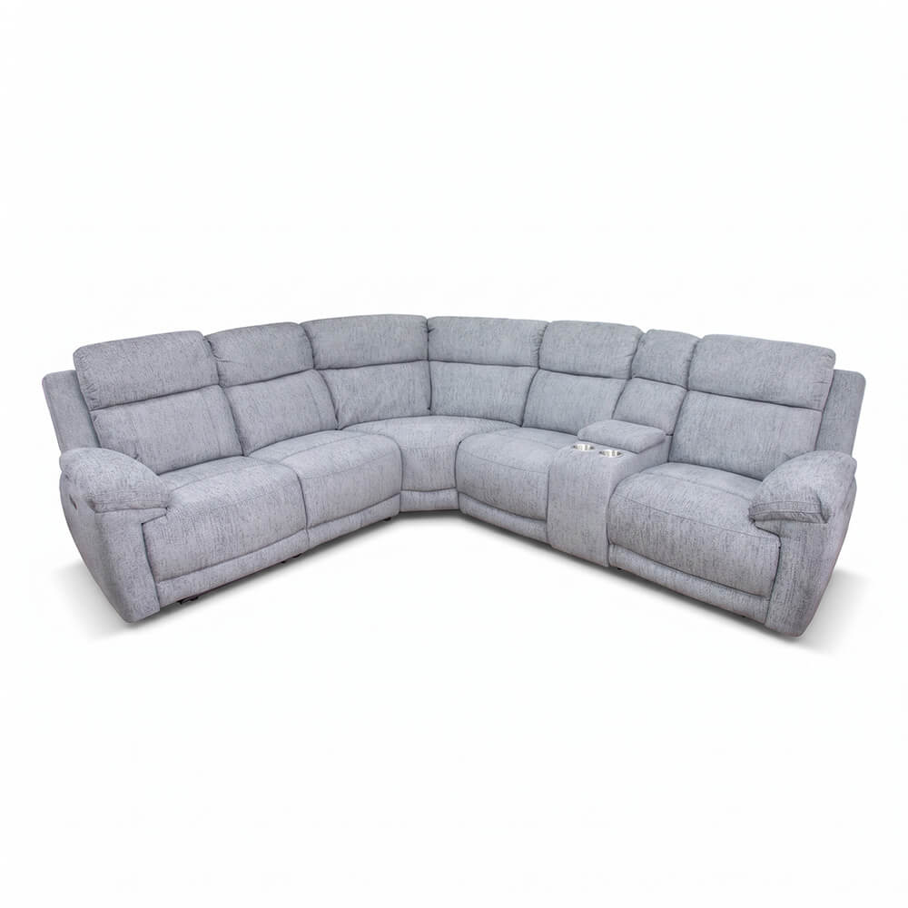 Grey corner recliner sofa with padded arms, segmented back cushions, and L-shaped layout