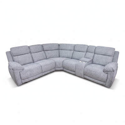 Grey corner recliner sofa with padded arms, segmented back cushions, and L-shaped layout
