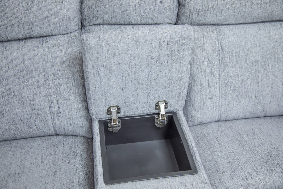 Grey sofa console with open storage compartment showing an interior tray