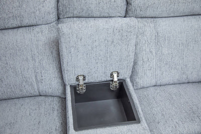 Grey sofa console with open storage compartment showing an interior tray