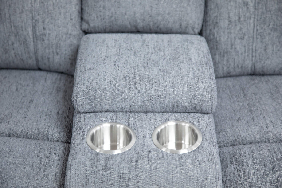 Grey sofa console with two metallic cup holders