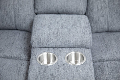 Grey sofa console with two metallic cup holders
