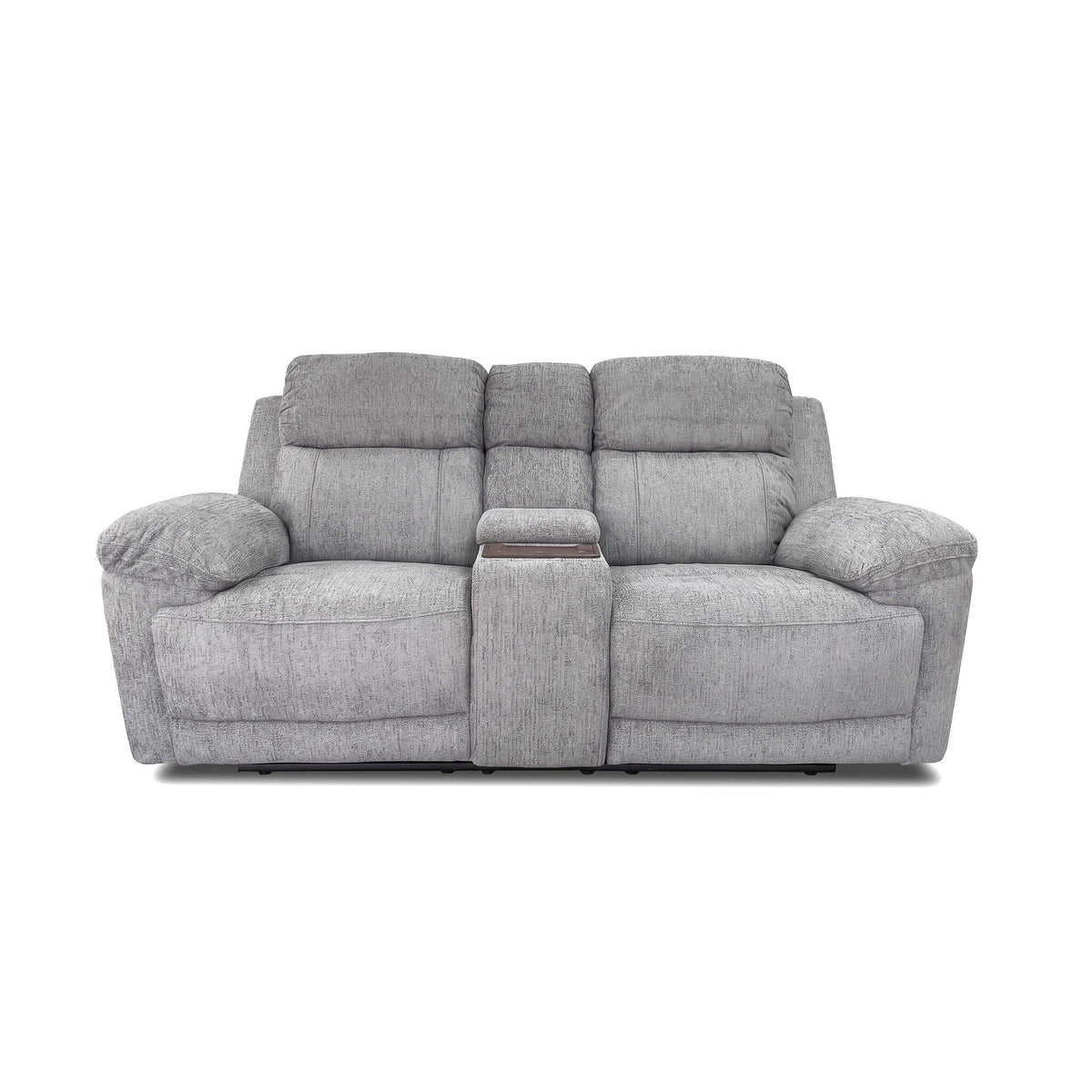 Grey 2-seater power recliner sofa, centered view with reclined seat sections.