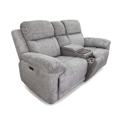 Grey 2-seater power recliner sofa front view with headrest back cushions.
