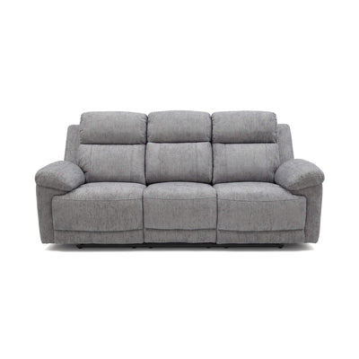 Grey 3-seat power recliner sofa with cushioned arms and segmented backrest cushions