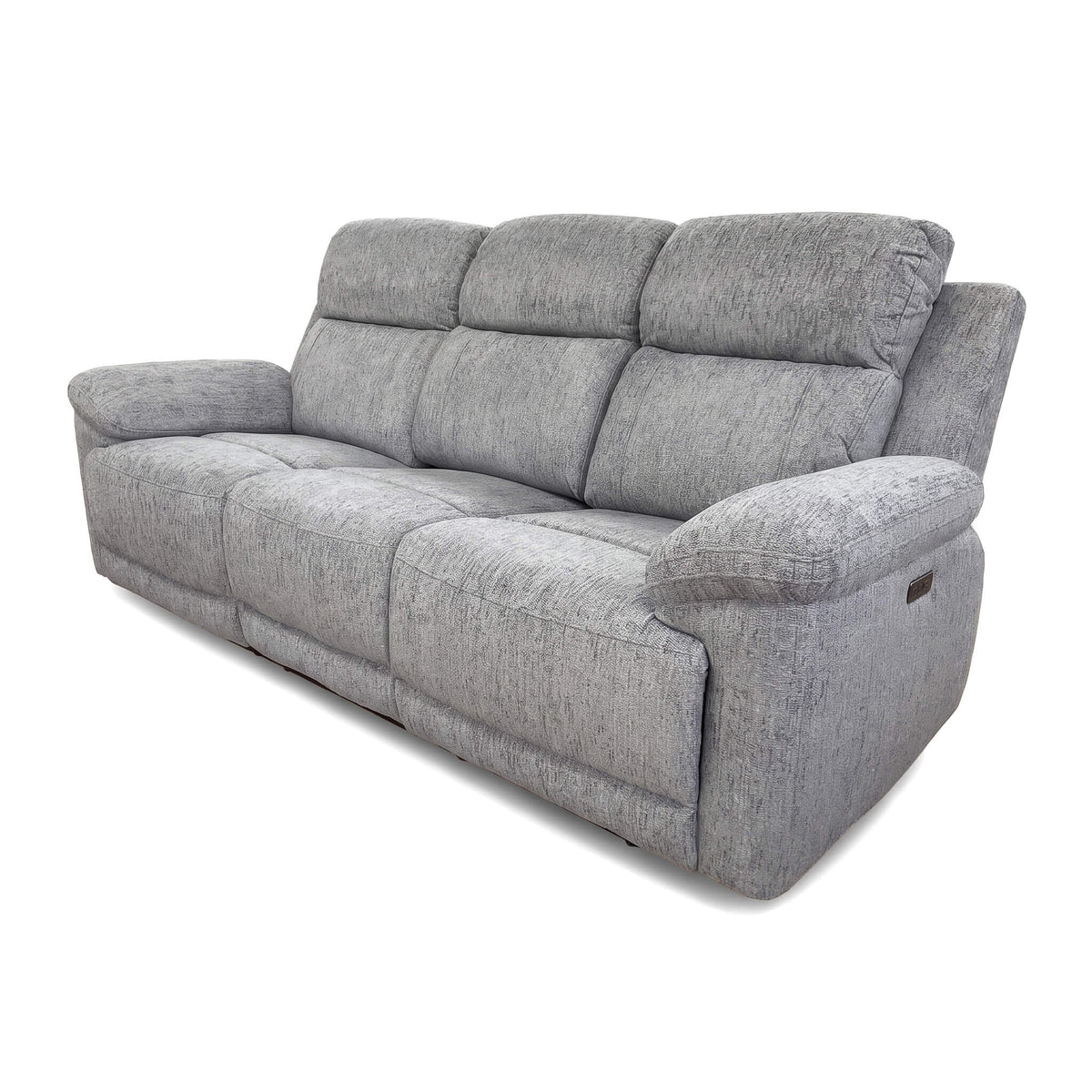 Grey 3-seat power recliner sofa with wide seat cushions and padded headrest backs