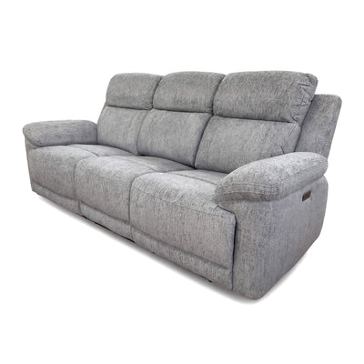 Grey 3-seat power recliner sofa with wide seat cushions and padded headrest backs