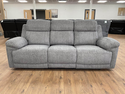 Grey fabric 3-seat power recliner sofa with rolled arms and multiple recline sections